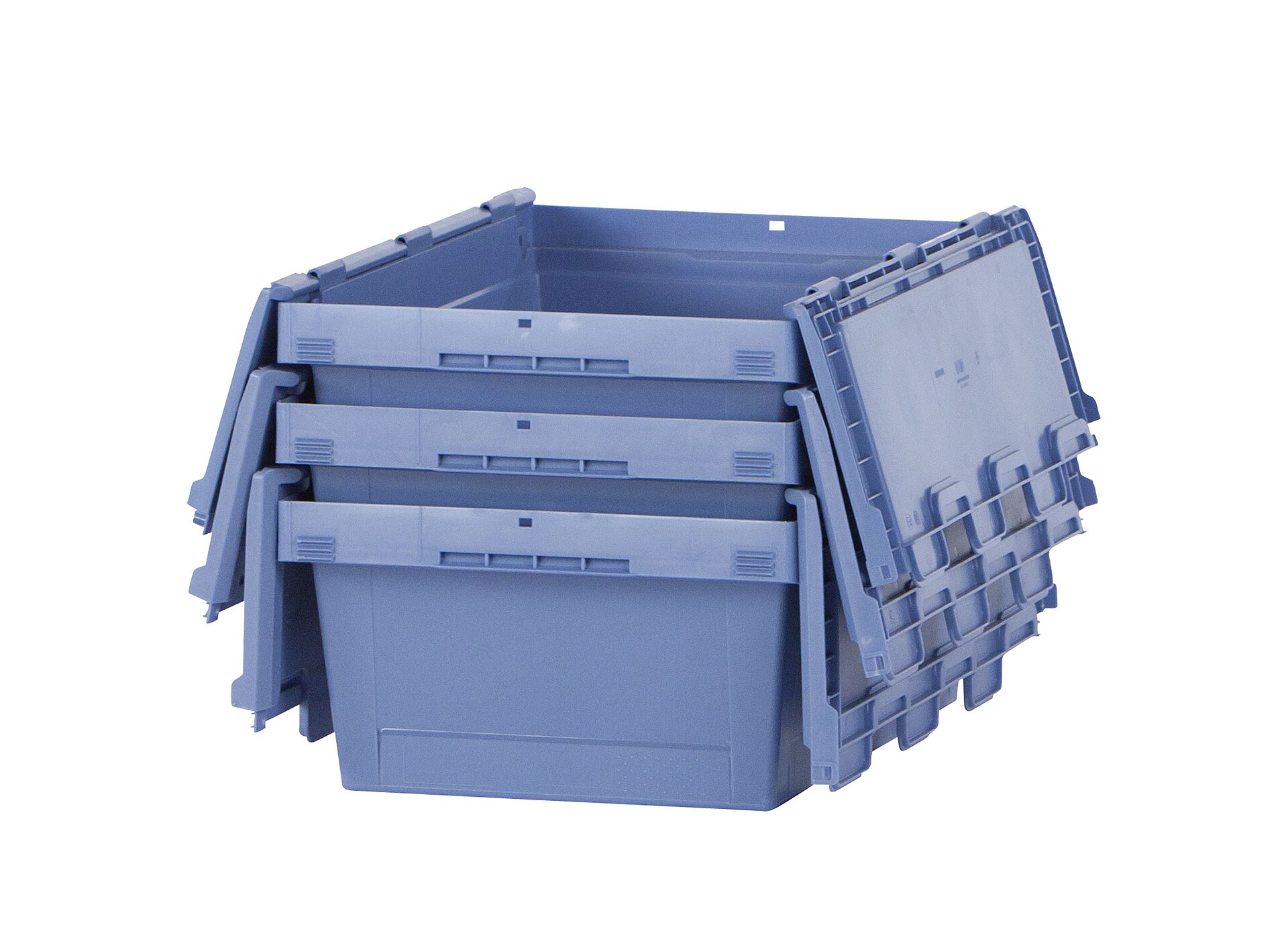 Empty plastic tubs nested inside each other with lids open